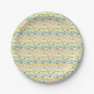 Colourful Landscape with Trees, Hills, and Rainbow Paper Plate