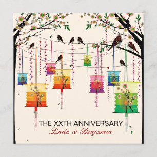 Colourful Lanterns Cherry Tree Birds Anniversary Invitation