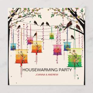 Colourful Lanterns Cherry Tree Birds Housewarming Invitation
