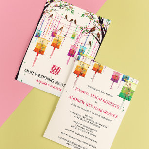 Colourful Lanterns Cherry Tree Birds Spring Weddin Invitation