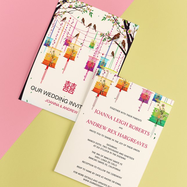 Colourful Lanterns Cherry Tree Birds Spring Weddin Invitation (Creator Uploaded)