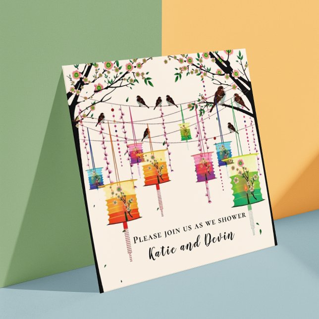 Colourful Lanterns Cherry Tree Birds Wedding Showe Invitation (Creator Uploaded)