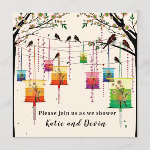 Colourful Lanterns Cherry Tree Birds Wedding Showe Invitation