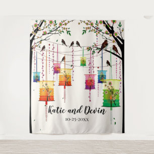 Colourful Lanterns Cherry Tree Birds Wedding/Showe Tapestry