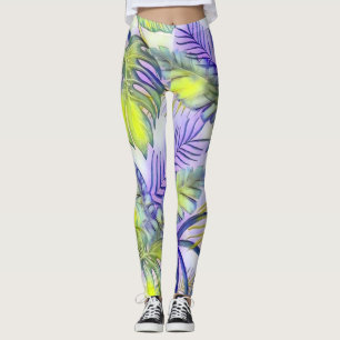 Colourful large tropical leaves watercolor leggings