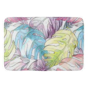 Colourful large tropical leaves watercolor paintin bath mat