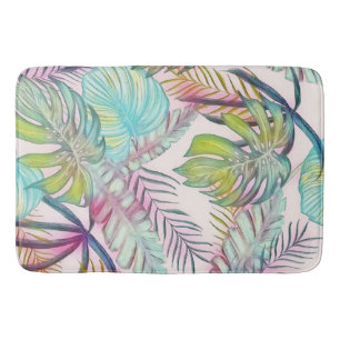 Colourful large tropical leaves watercolor paintin bath mat