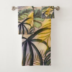 Colourful large tropical leaves watercolor paintin bath towel set