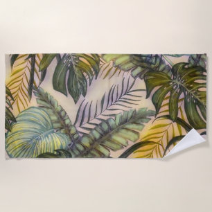 Colourful large tropical leaves watercolor paintin beach towel