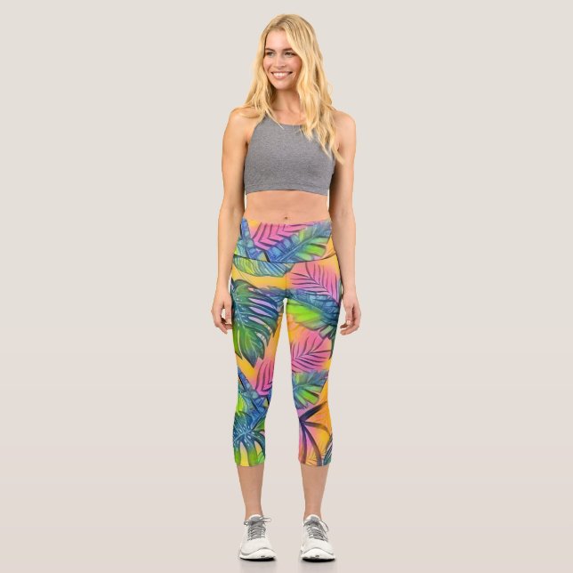 Colourful large tropical leaves watercolor paintin capri leggings (Front)