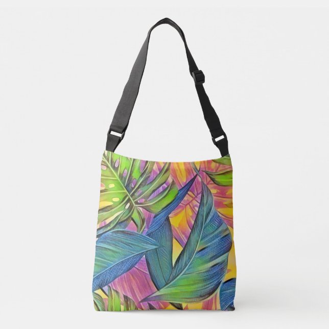 Colourful large tropical leaves watercolor paintin crossbody bag (Front)