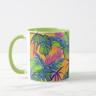 Colourful large tropical leaves watercolor paintin mug