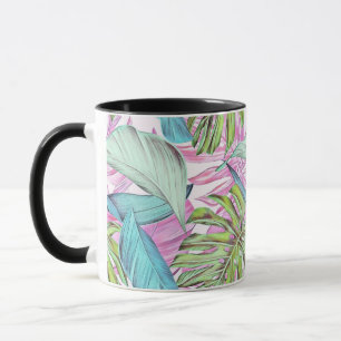 Colourful large tropical leaves watercolor paintin mug
