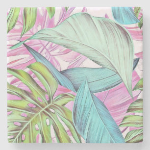 Colourful large tropical leaves watercolor paintin stone coaster