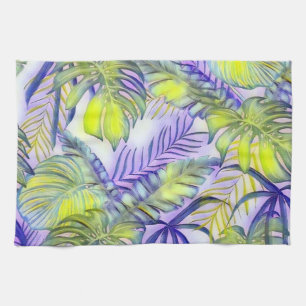 Colourful large tropical leaves watercolor paintin tea towel