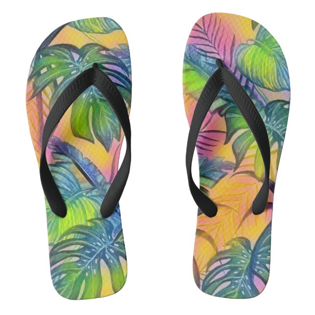 Colourful large tropical leaves watercolor paintin thongs (Footbed)