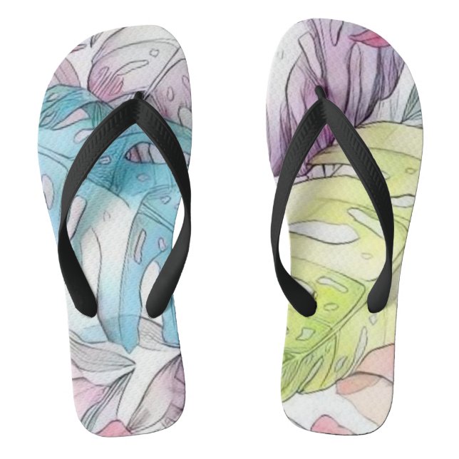 Colourful large tropical leaves watercolor paintin thongs (Footbed)