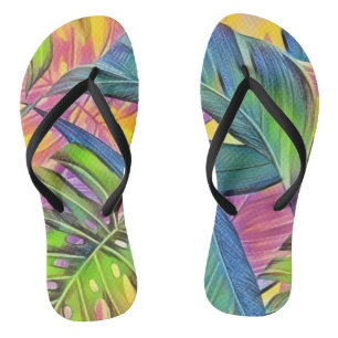 Colourful large tropical leaves watercolor paintin thongs