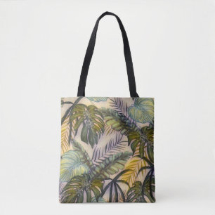 Colourful large tropical leaves watercolor paintin tote bag