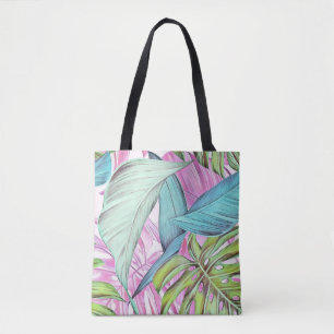 Colourful large tropical leaves watercolor tote bag
