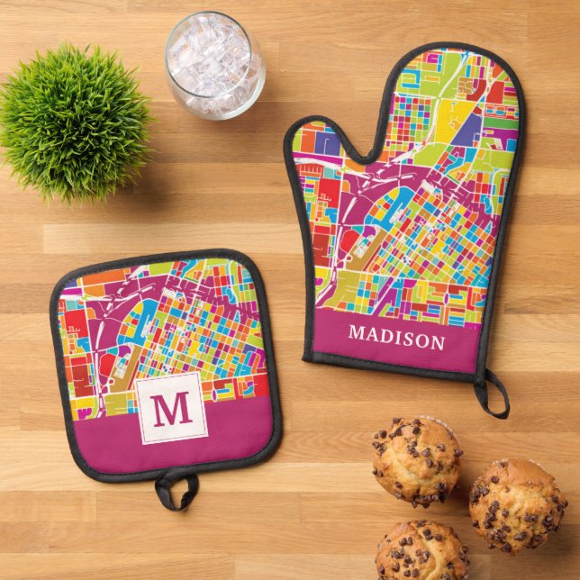 Colourful Las Vegas, Nevada Map Oven Mitt & Pot Holder Set (Top Down)