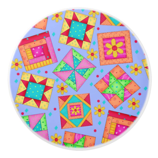 Colourful Lavender Quilt Patchwork Block Art Ceramic Knob (Front)