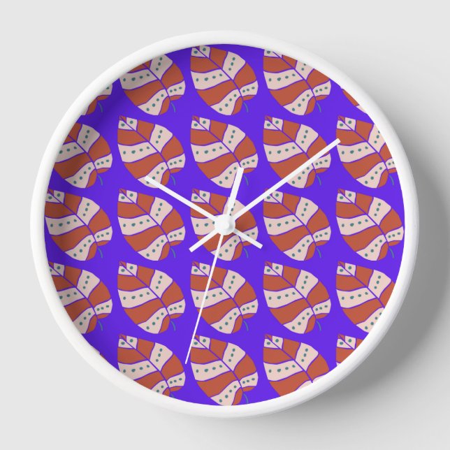 Colourful Leaf Pattern on Purple Background Clock (Front)