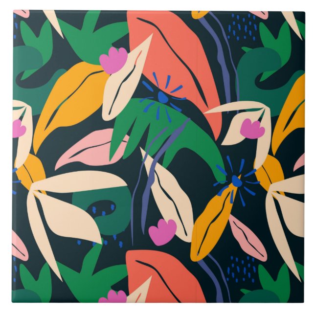 Colourful leaf pattern, vibrant ceramic tile (Front)