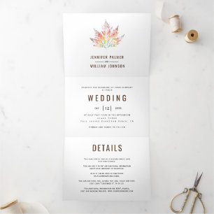 Colourful leaf print brown fall wedding Tri-Fold invitation