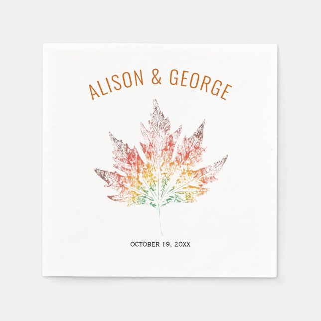 Colourful leaf print burnt orange autumn wedding napkin (Front)
