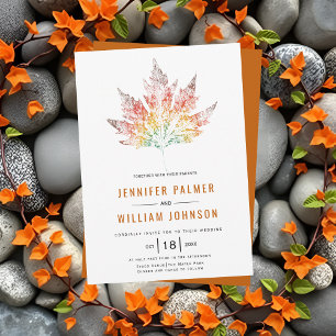 Colourful leaf print burnt orange fall wedding invitation