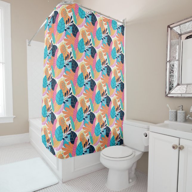 Colourful leafy shower curtain (In Situ)