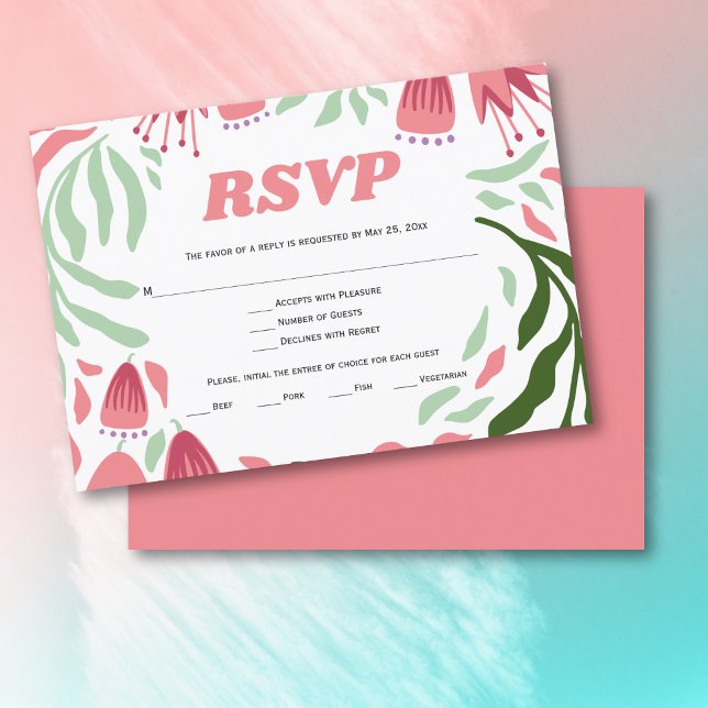 Colourful leaves and flowers boho retro wedding RSVP card (Creator Uploaded)