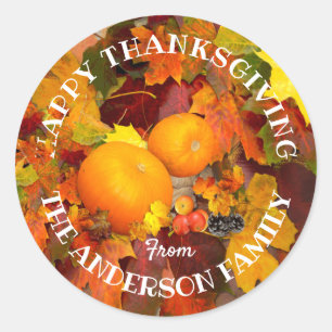Colourful leaves and pumpkins, Happy Thanksgiving Classic Round Sticker