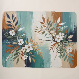 Colourful Leaves Floral Abstract Teal Blue Rust Ta Sherpa Blanket