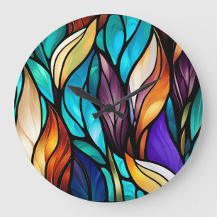 Colourful leaves in Stained Glass Look Large Clock