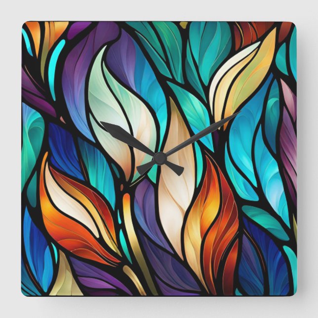 Colourful leaves in Stained Glass Look Square Wall Clock (Front)