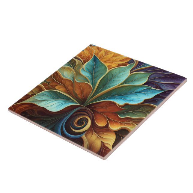 Colourful Leaves in Swirling Pattern Design Ceramic Tile (Side)