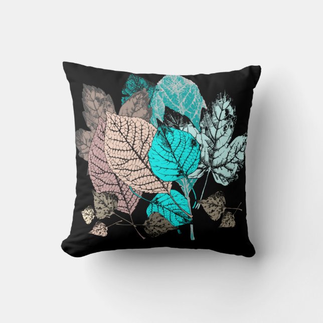 Colourful Leaves on Black, Aqua/Mauve/Earthtones Cushion (Front)