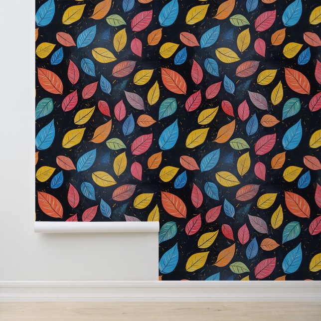 Colourful Leaves Pattern Chalk Drawings Black Bckg Wallpaper (Application)