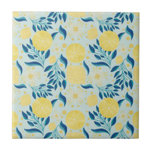 Colourful Lemon Blue Botanical Pattern Ceramic Tile