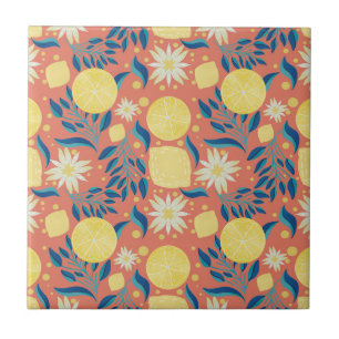 Colourful Lemon Coral Botanical Pattern Ceramic Tile