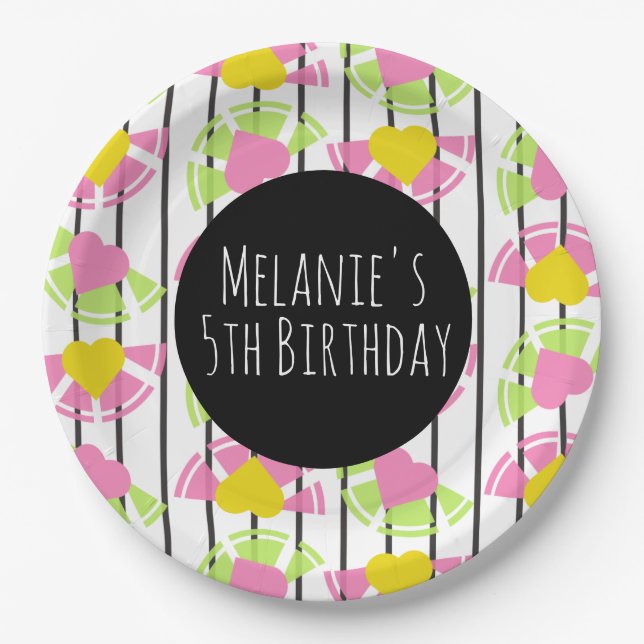 Colourful Lemons and Hearts Slices Birthday Paper Plate (Front)