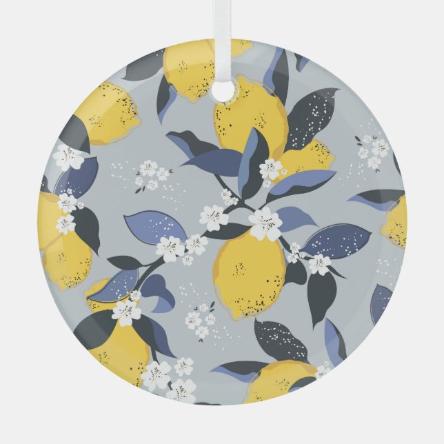 Colourful Lemons: Citrus Floral Pattern Glass Tree Decoration (Front)