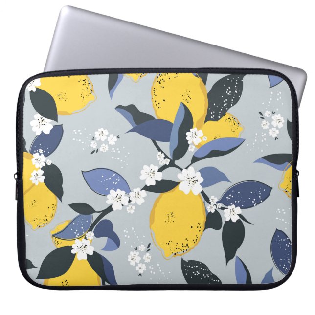 Colourful Lemons: Citrus Floral Pattern Laptop Sleeve (Front)