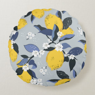 Colourful Lemons: Citrus Floral Pattern Round Cushion