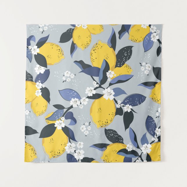 Colourful Lemons: Citrus Floral Pattern Tapestry (Front)