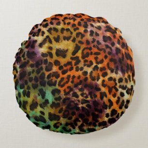 Colourful Leopard: Abstract Vintage Texture Round Cushion