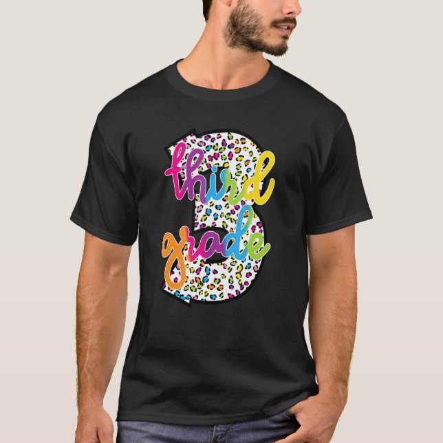 Colourful Leopard Number Third Grade Teacher Back  T-Shirt (Front)
