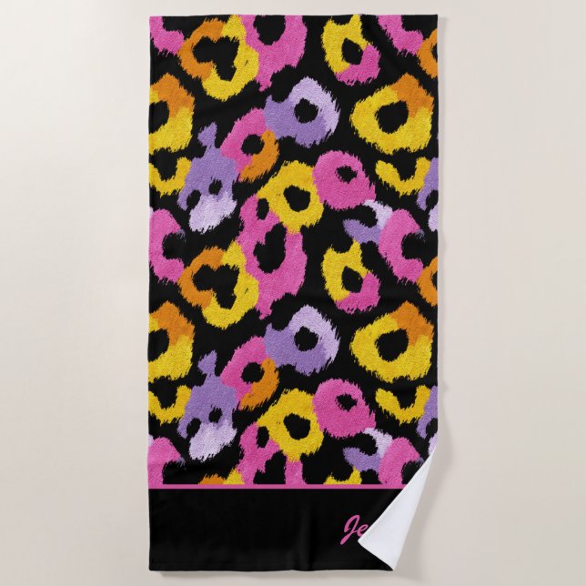 Colourful Leopard Print Retro Glam Monogrammed Nam Beach Towel (Front)